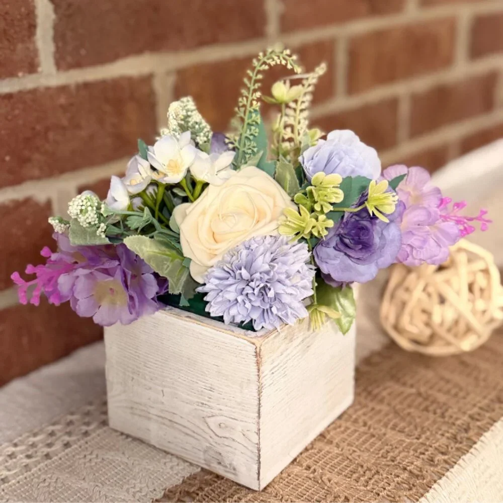 Faux Floral Arrangement in Rustic Wooden Box – Home or Office Decor